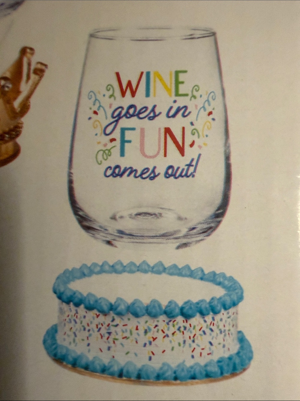 Colorful 'Wine Goes In, Fun Comes Out!' Cake Topper in Blue Accent
